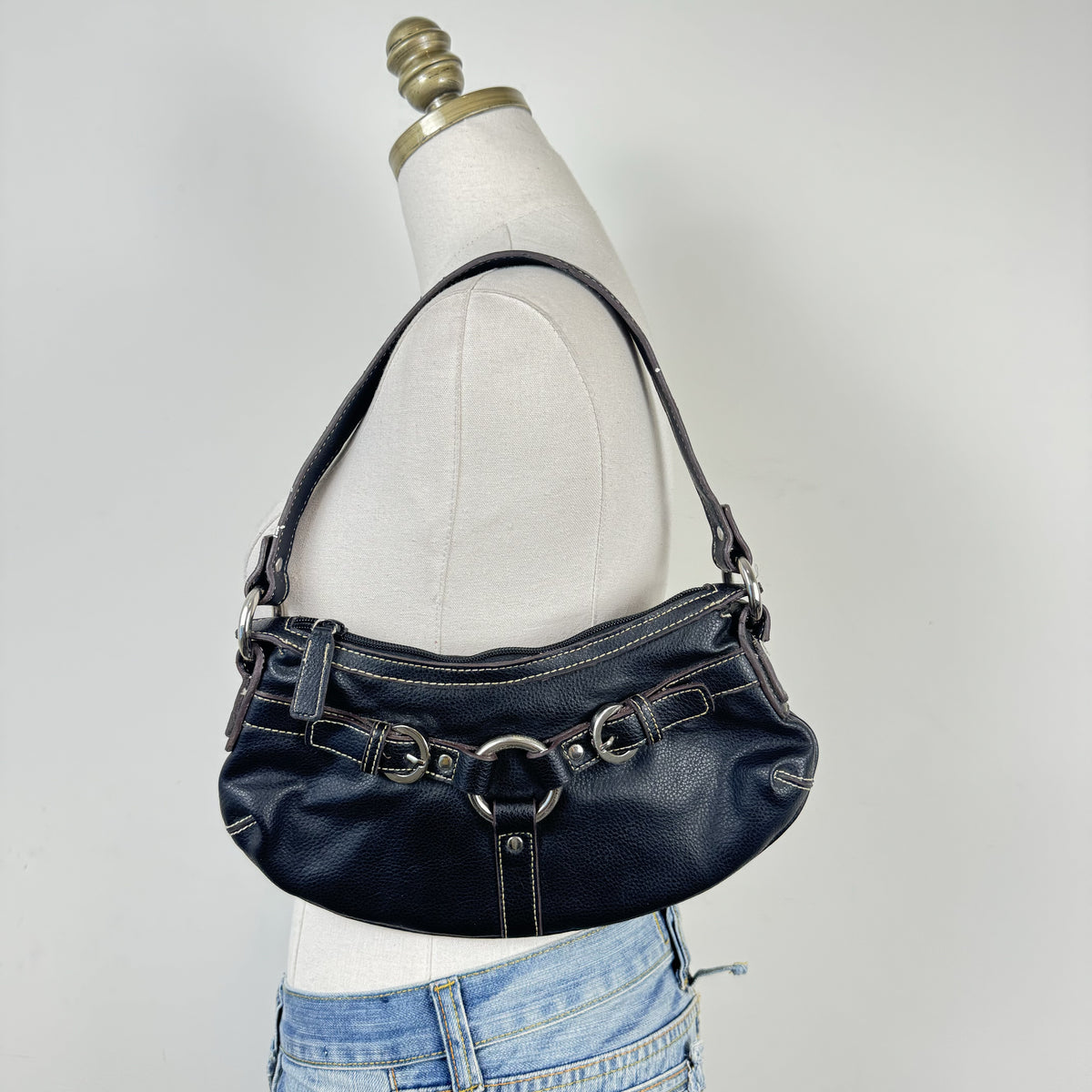 Vintage Nine West Black Leather Mini Shoulder Bag with Silver Buckle – view 3
