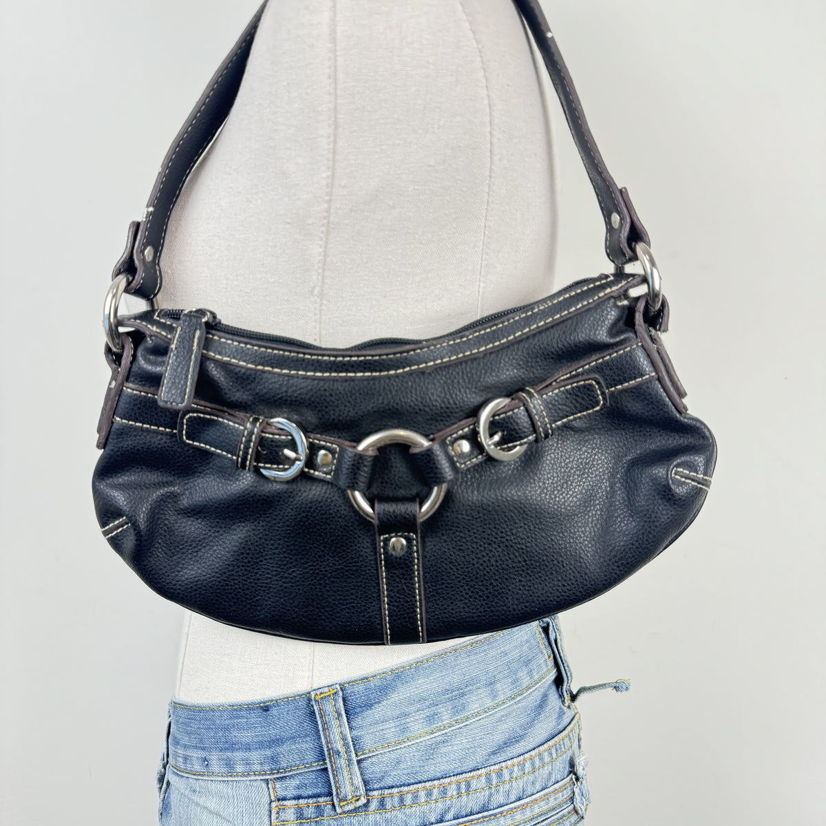 Vintage Nine West Black Leather Mini Shoulder Bag with Silver Buckle – view 4