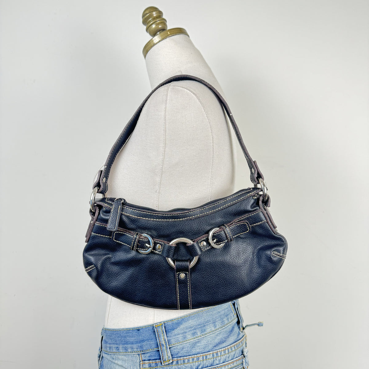 Vintage Nine West Black Leather Mini Shoulder Bag with Silver Buckle – view 5