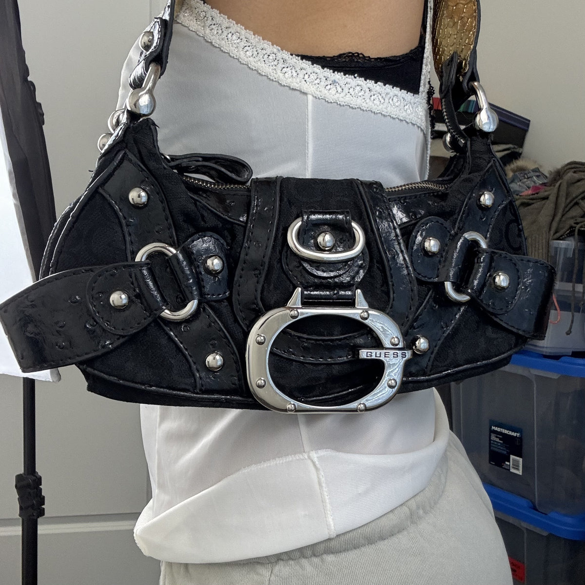 Vintage Y2K Guess Silver Studded Buckle Shoulder Bag – view 8