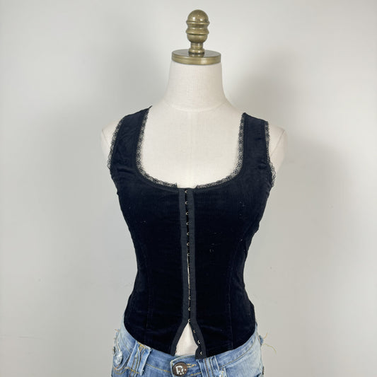 Vintage Black Corduroy Corset Top with Lace Trim