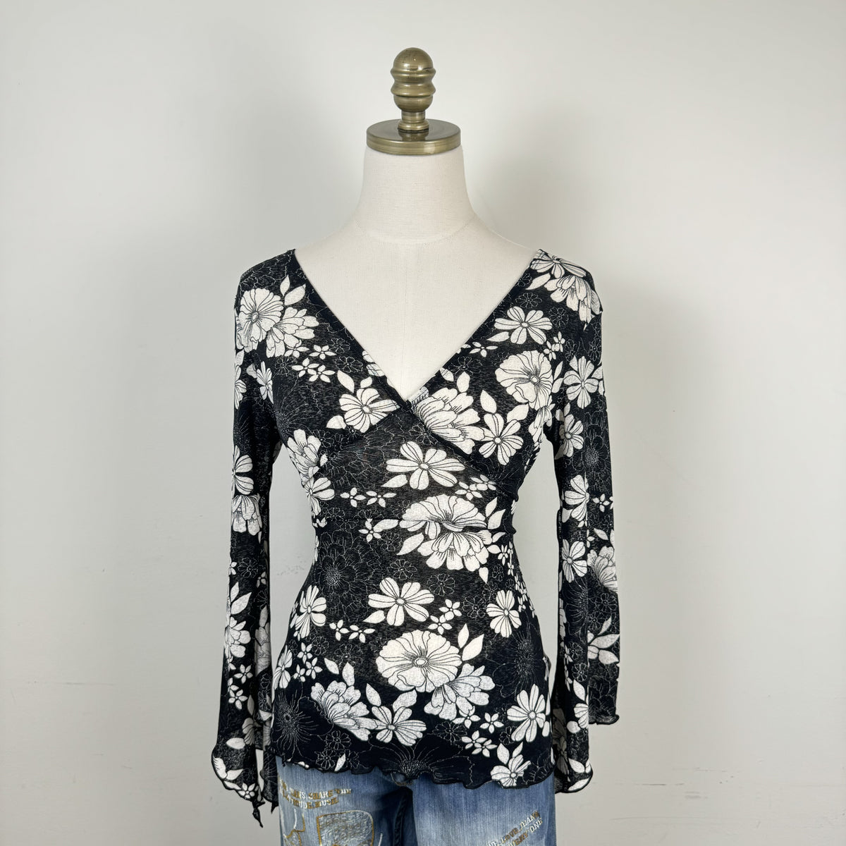 Vintage Yera Black Floral Mesh Babydoll Bell Sleeve Top