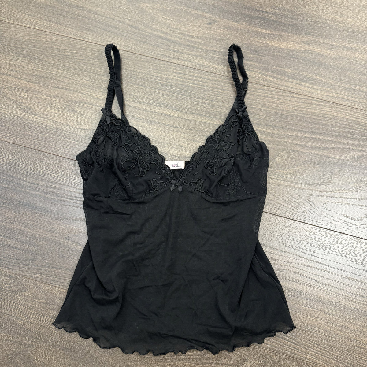 Y2K Black Mesh and Lace Fitted Cami Top with Bow Detail – view 8