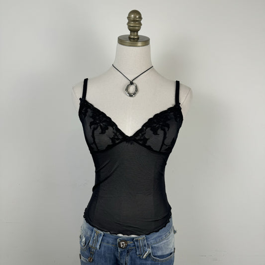 Y2K Black Mesh and Lace Fitted Cami Top with Bow Detail