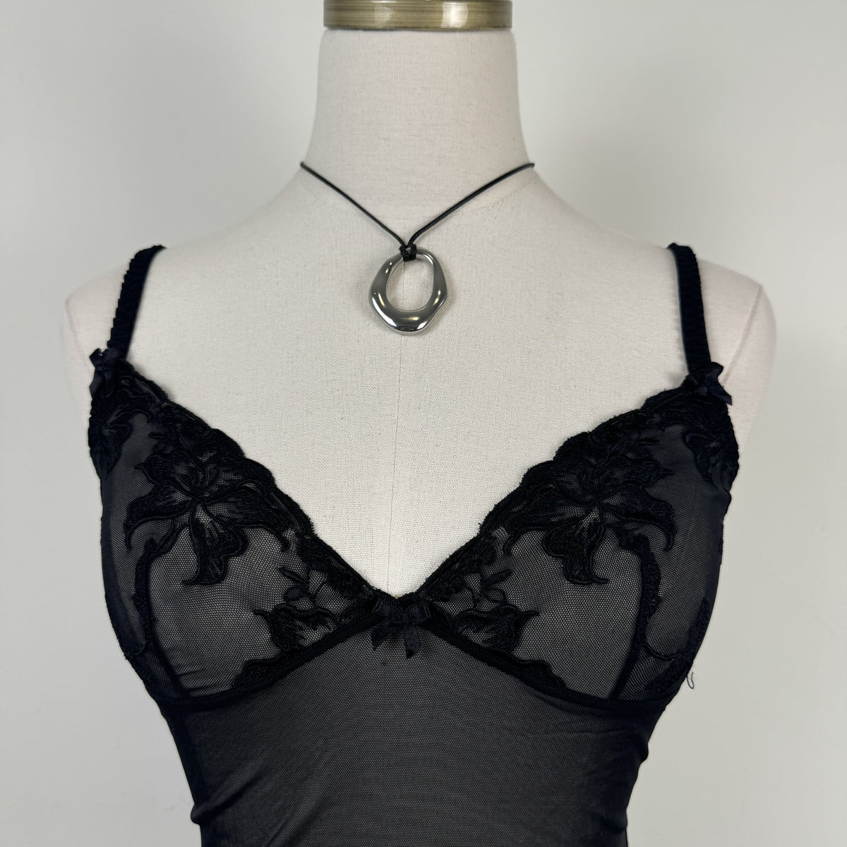 Y2K Black Mesh and Lace Fitted Cami Top with Bow Detail – view 7