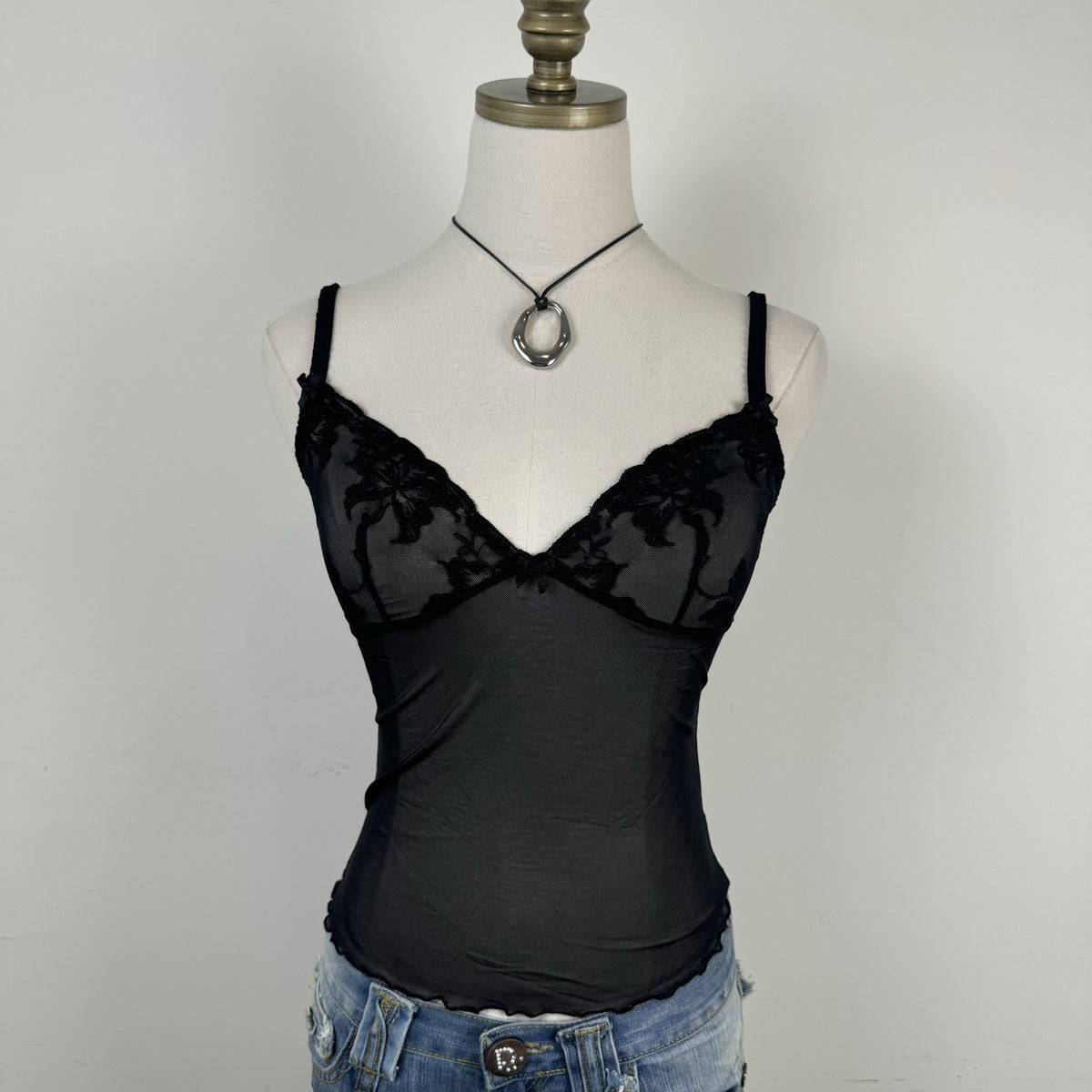 Y2K Black Mesh and Lace Fitted Cami Top with Bow Detail – view 3