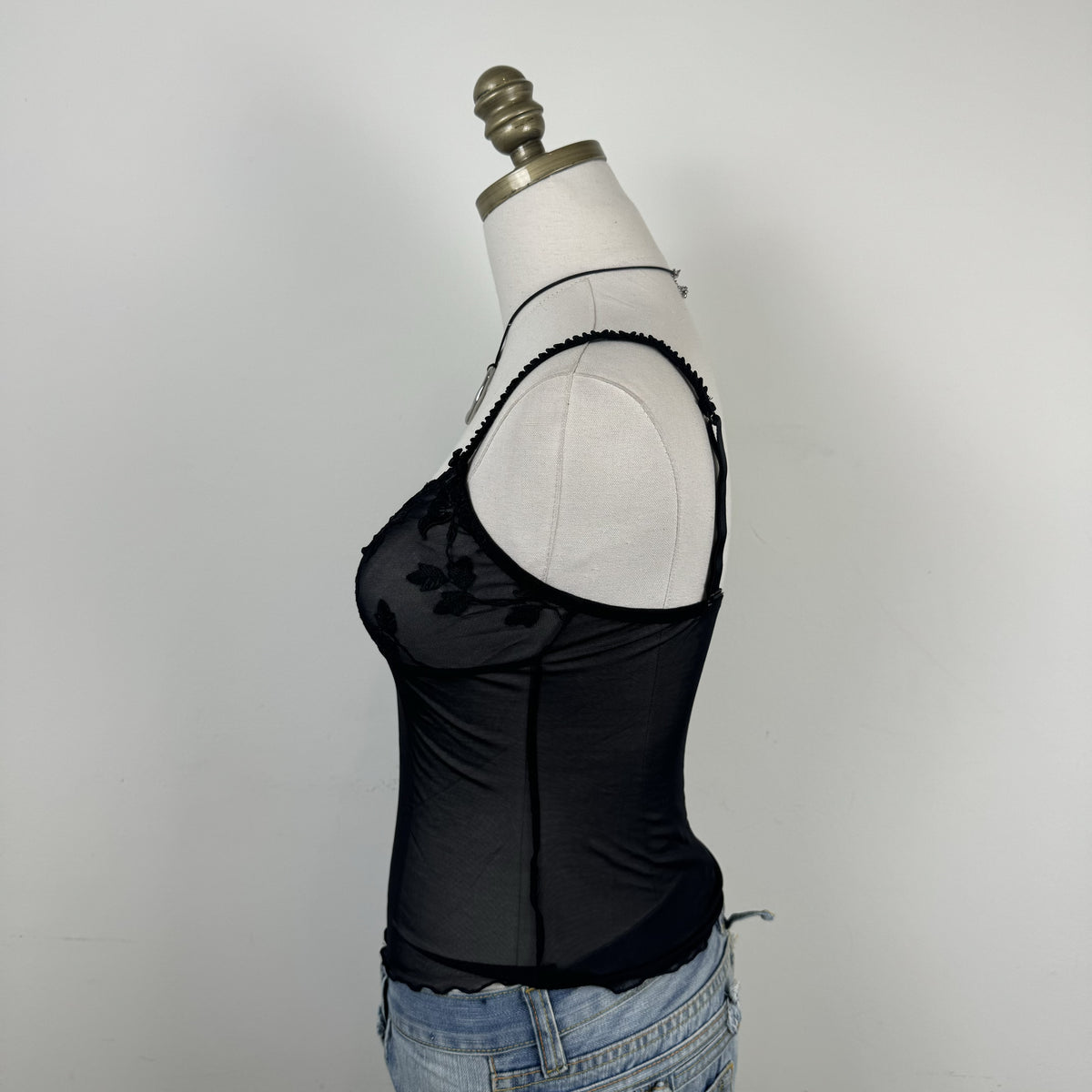 Y2K Black Mesh and Lace Fitted Cami Top with Bow Detail – view 4