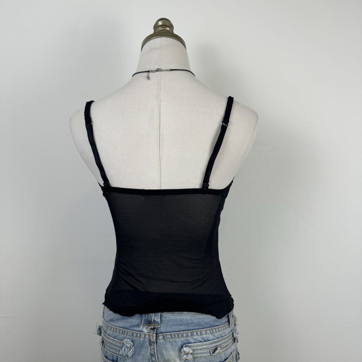 Y2K Black Mesh and Lace Fitted Cami Top with Bow Detail – view 5