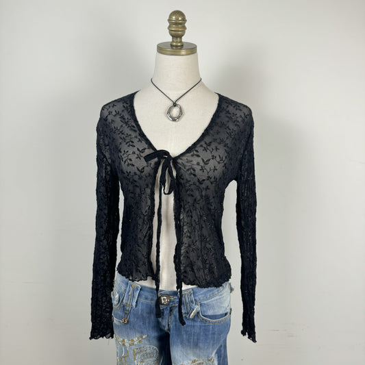 Y2K Black Mesh Open Front Tie-Up Top with Gothic Floral Detail