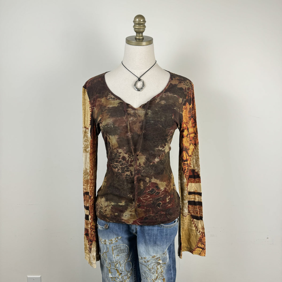Vintage Luisa Cerano Graphic Print Mesh Bell Sleeve Top