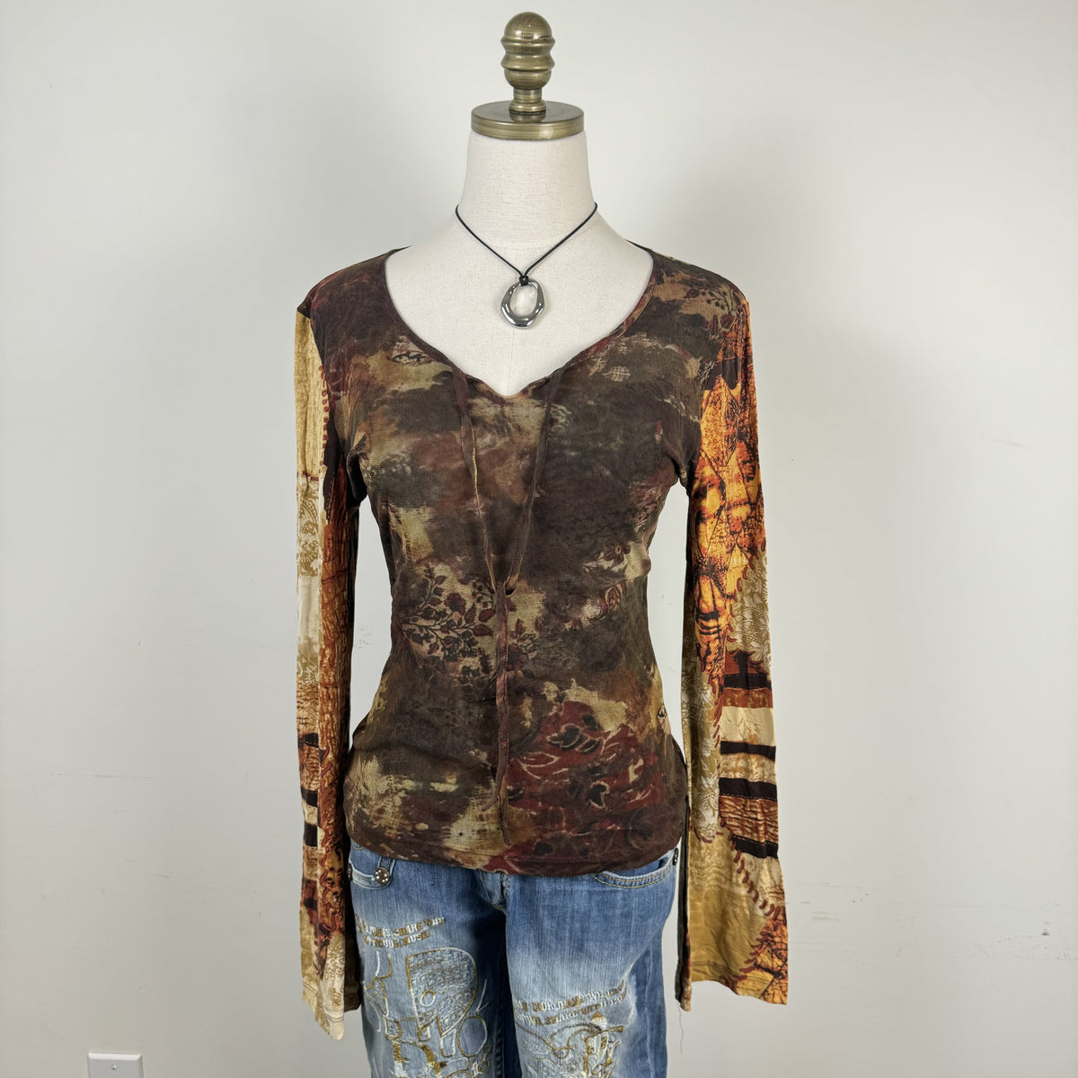 Vintage Luisa Cerano Graphic Print Mesh Bell Sleeve Top – view 2