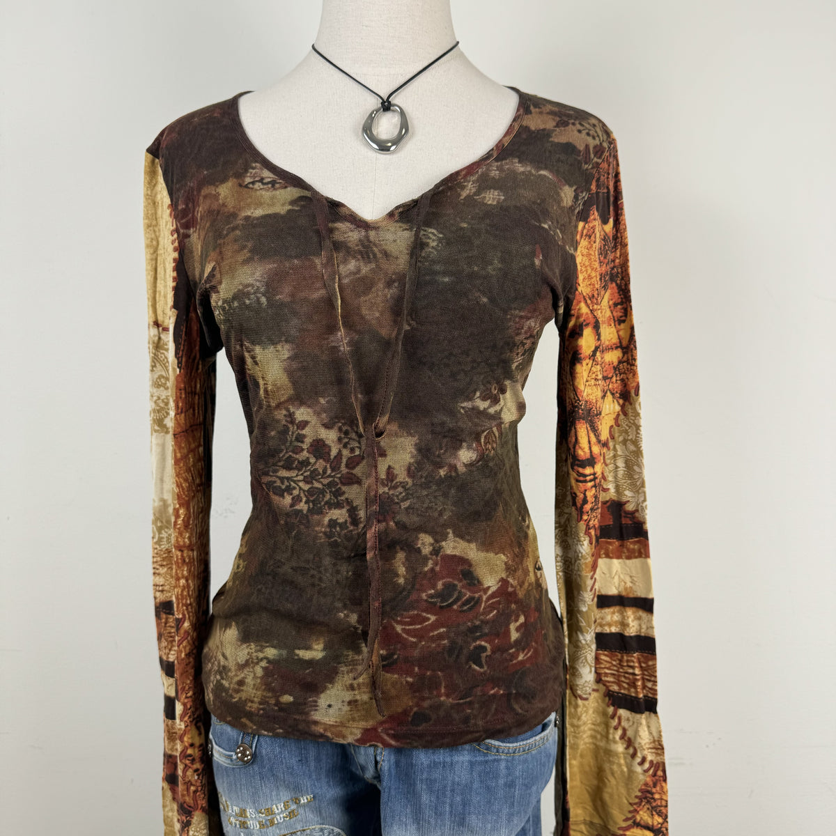 Vintage Luisa Cerano Graphic Print Mesh Bell Sleeve Top – view 4