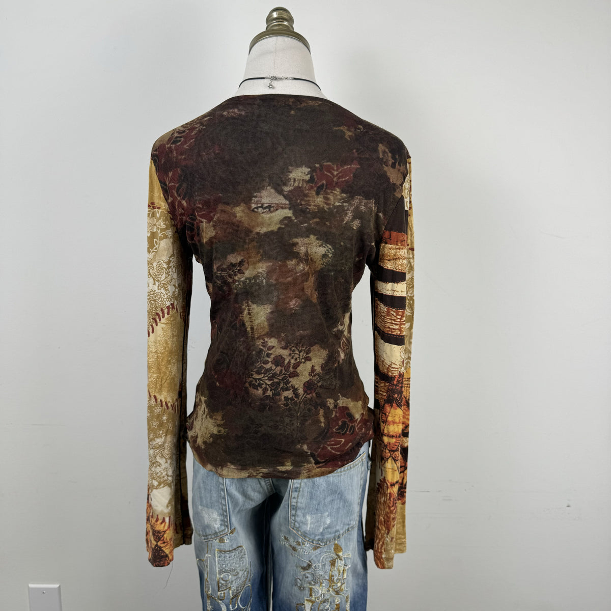 Vintage Luisa Cerano Graphic Print Mesh Bell Sleeve Top – view 6