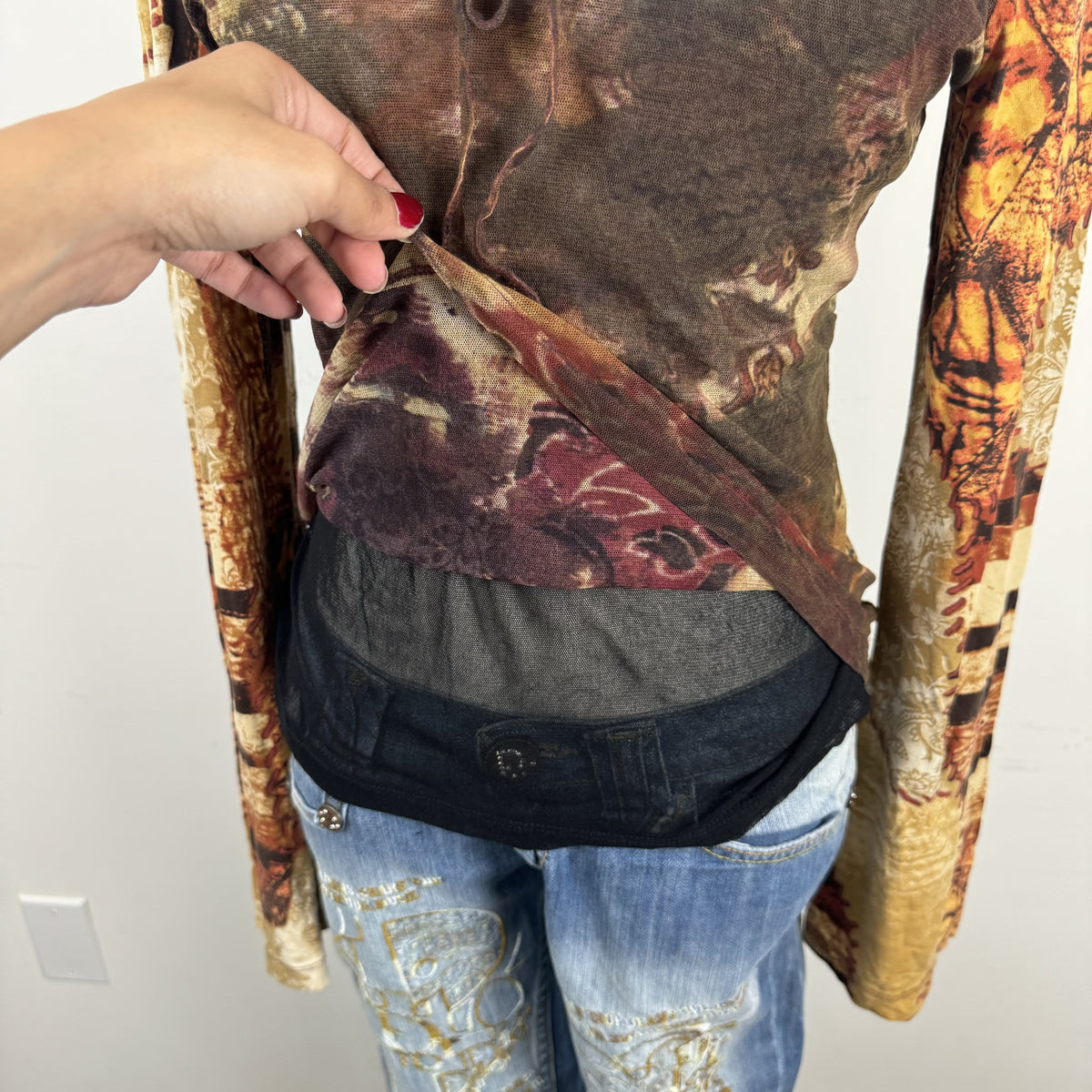 Vintage Luisa Cerano Graphic Print Mesh Bell Sleeve Top – view 11