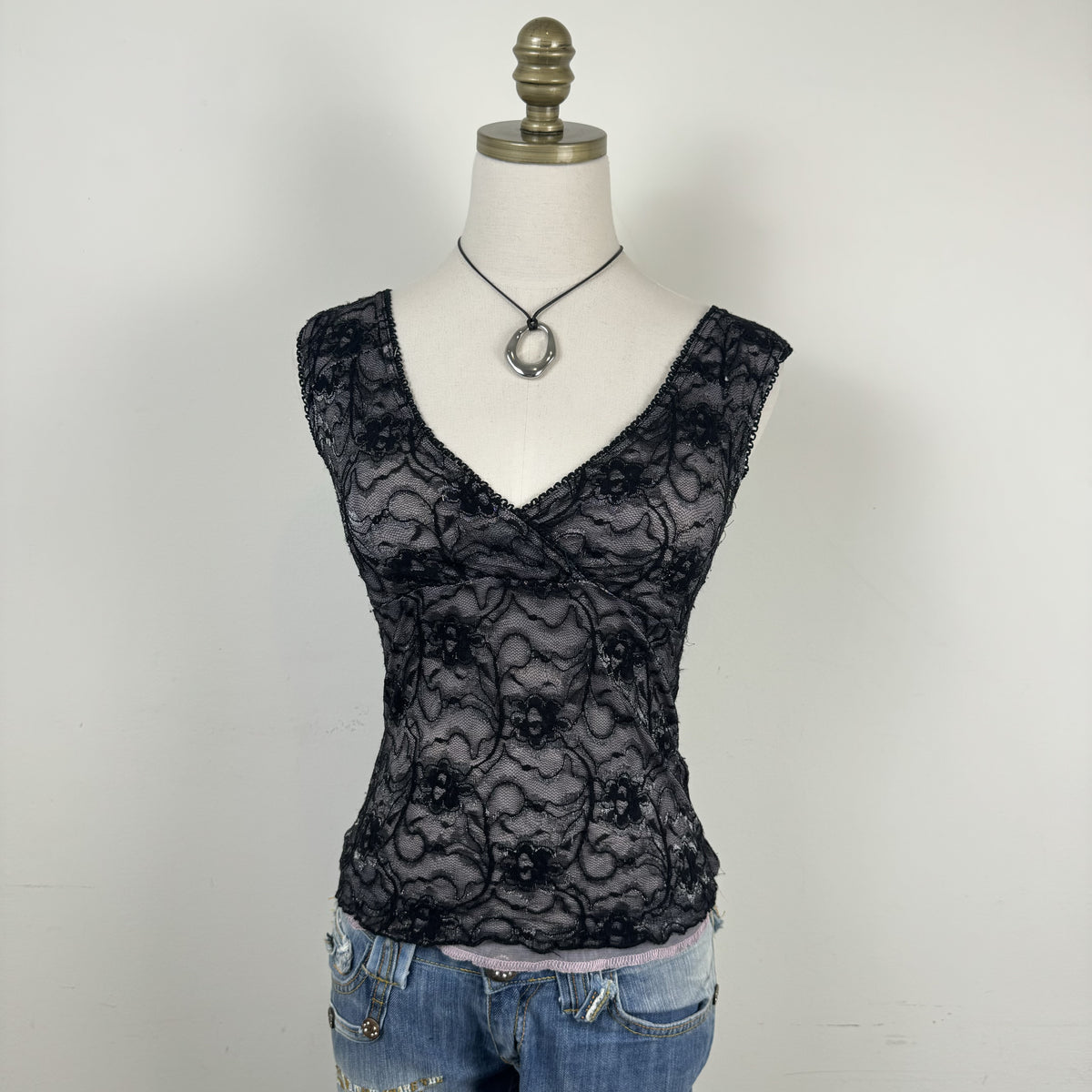 Vintage Purple & Black Lace Mesh Wrap Bust Babydoll Top