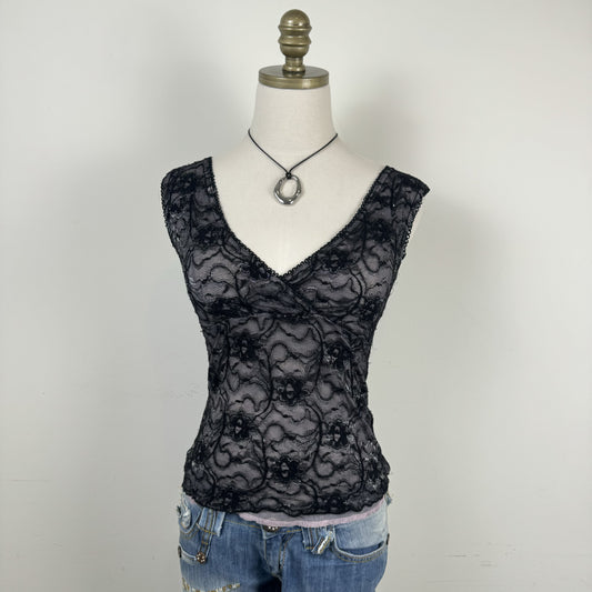 Vintage Purple & Black Lace Mesh Wrap Bust Babydoll Top
