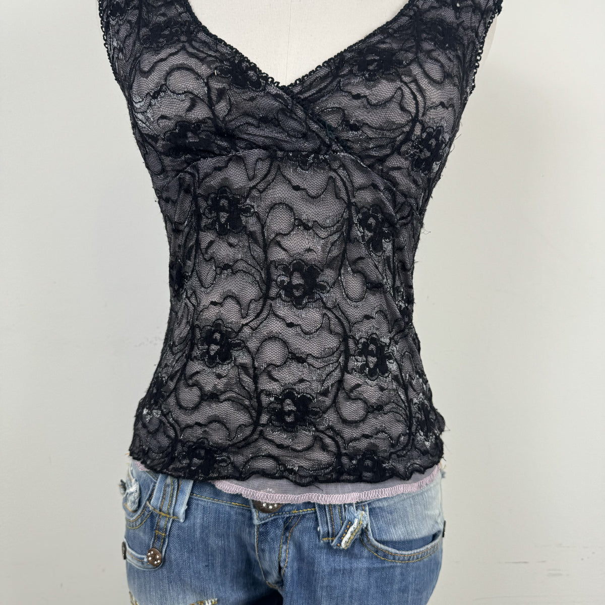 Vintage Purple & Black Lace Mesh Wrap Bust Babydoll Top – view 2