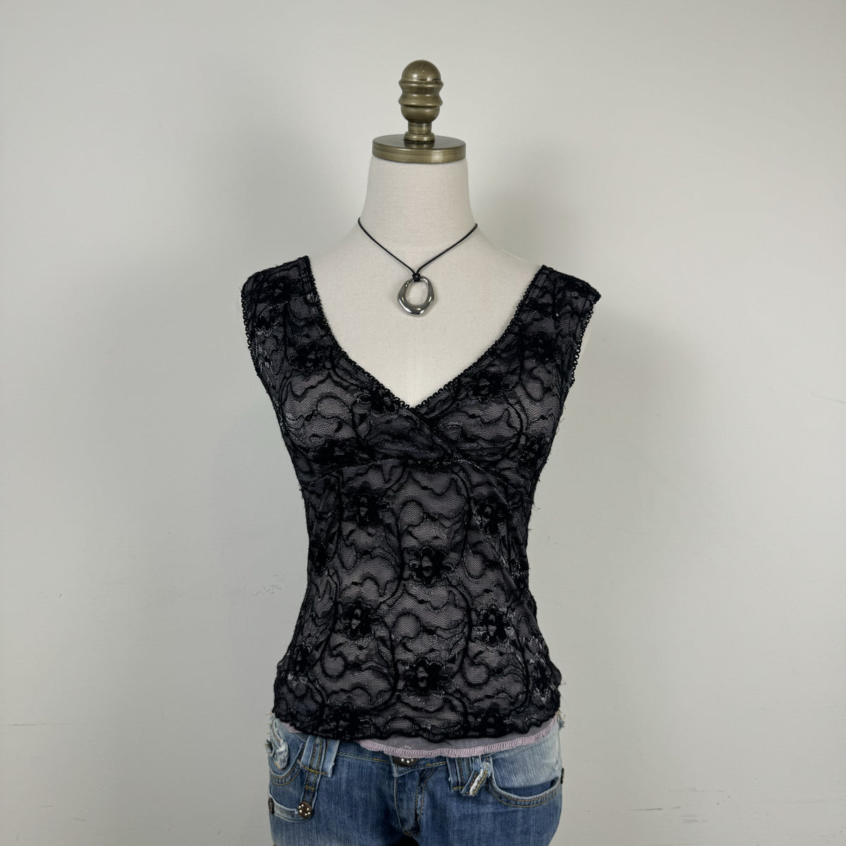 Vintage Purple & Black Lace Mesh Wrap Bust Babydoll Top – view 3