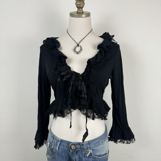 Vintage Black Lace Ruffled Bell Sleeve Cropped Cardigan