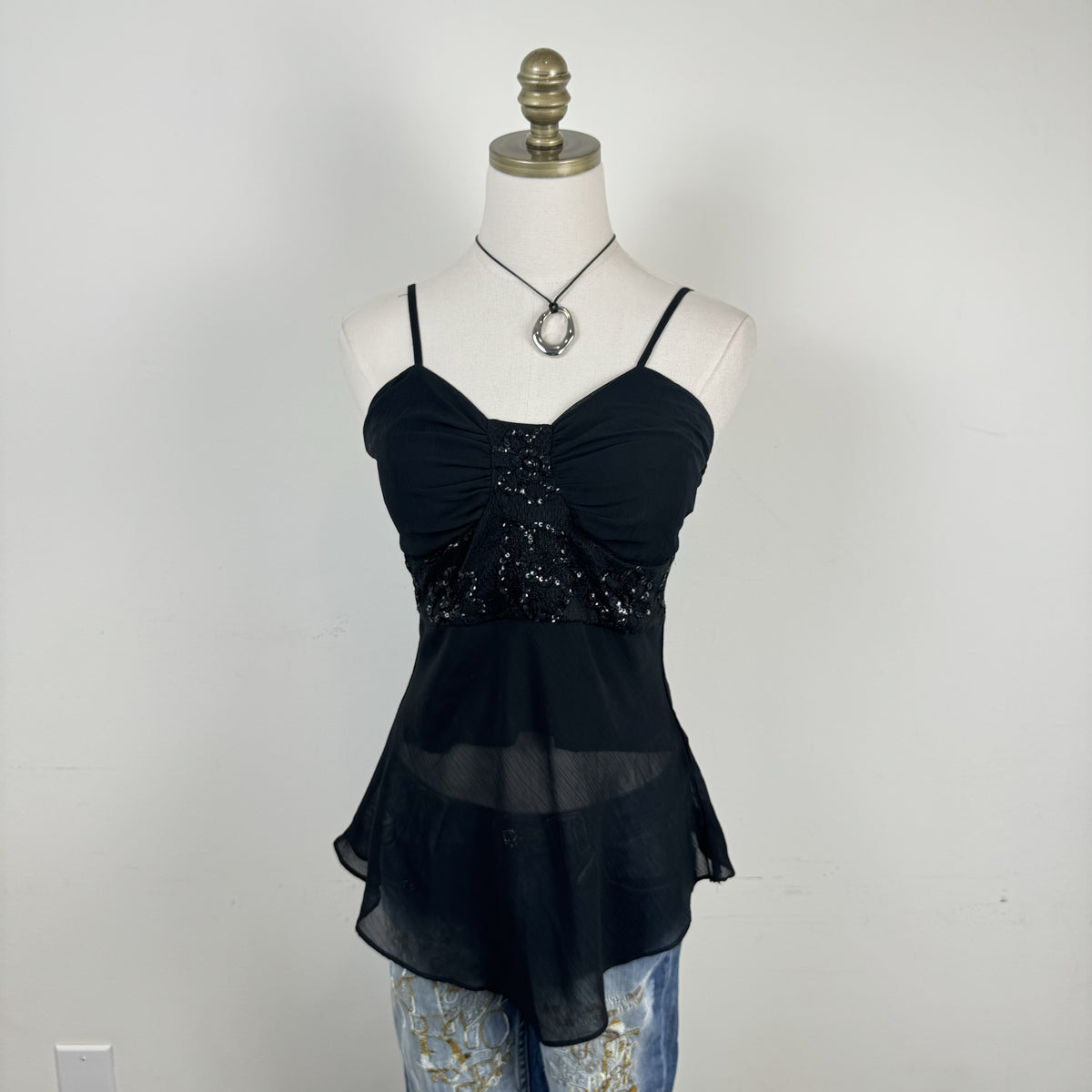 Y2K Fashionfair Black Chiffon Sequin Babydoll Cami
