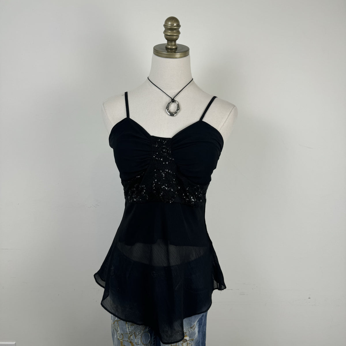 Y2K Fashionfair Black Chiffon Sequin Babydoll Cami – view 2