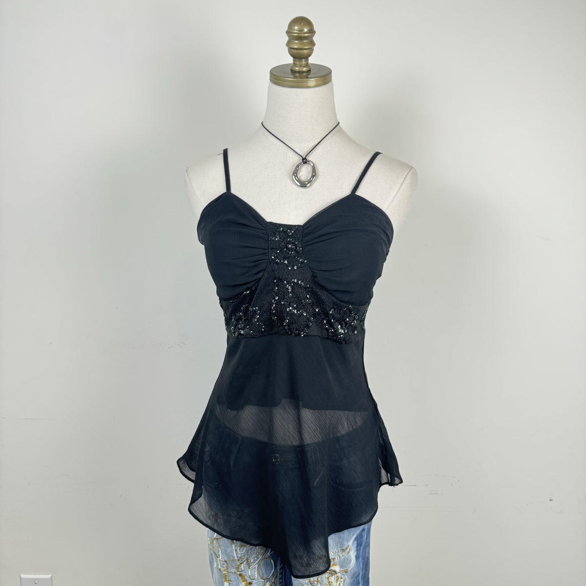 Y2K Fashionfair Black Chiffon Sequin Babydoll Cami – view 3