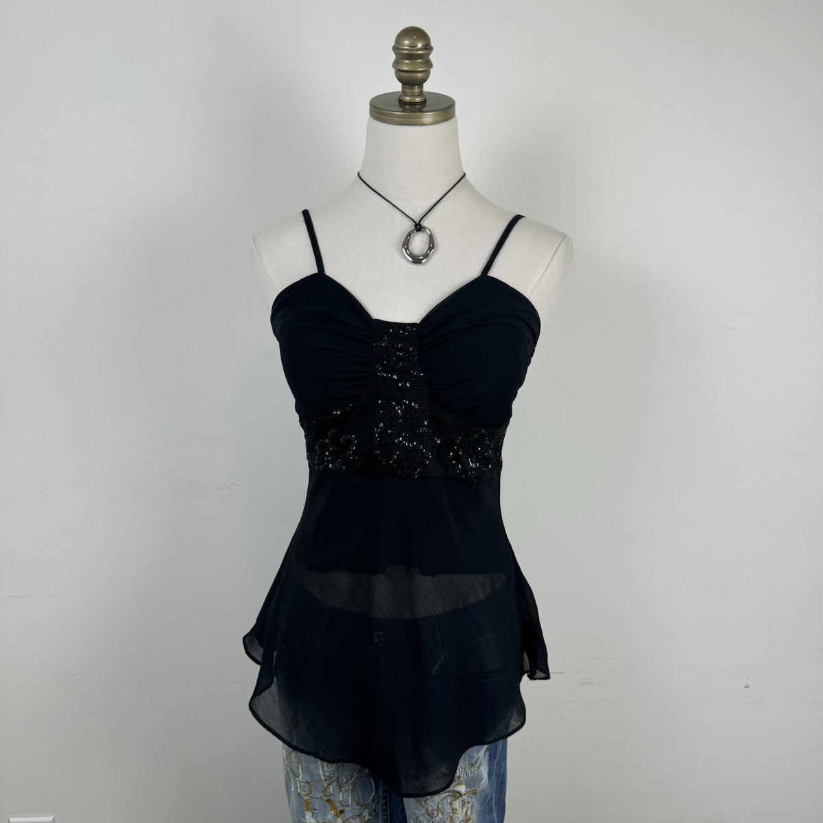 Y2K Fashionfair Black Chiffon Sequin Babydoll Cami – view 6