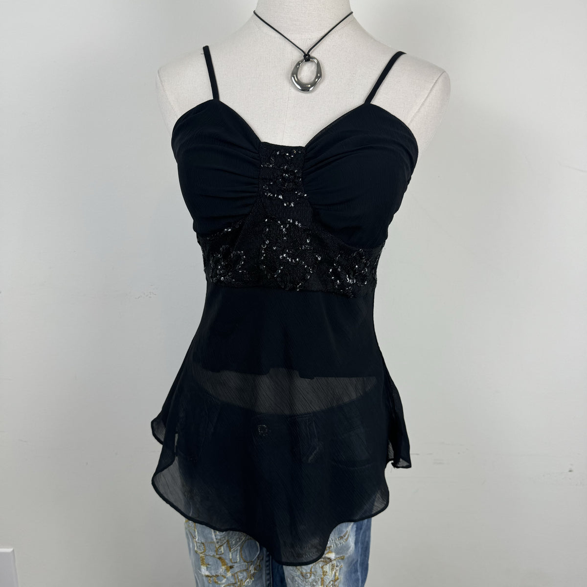 Y2K Fashionfair Black Chiffon Sequin Babydoll Cami – view 7
