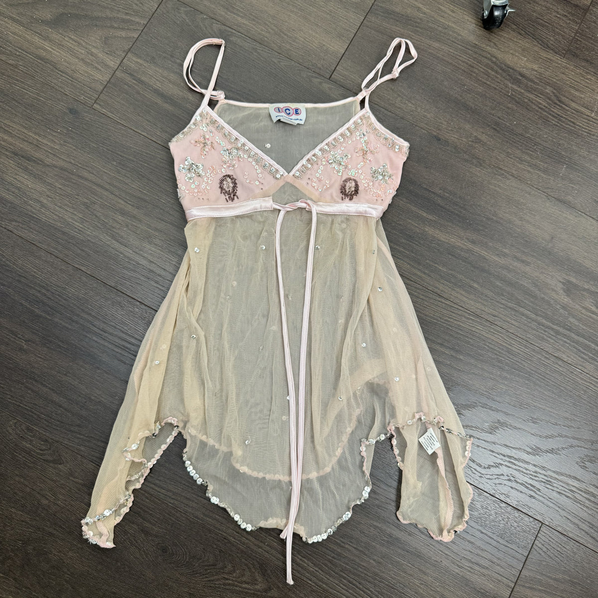 Vintage Baby Pink Peach Mesh Babydoll Cami with Beaded Bust – view 10