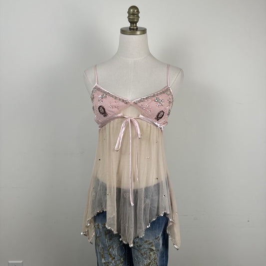 Vintage Baby Pink Peach Mesh Babydoll Cami with Beaded Bust