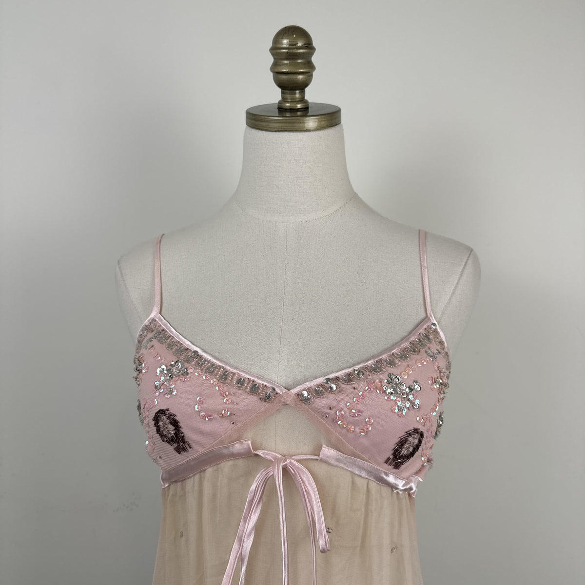 Vintage Baby Pink Peach Mesh Babydoll Cami with Beaded Bust – view 8