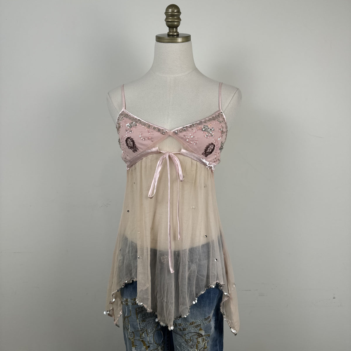 Vintage Baby Pink Peach Mesh Babydoll Cami with Beaded Bust – view 2