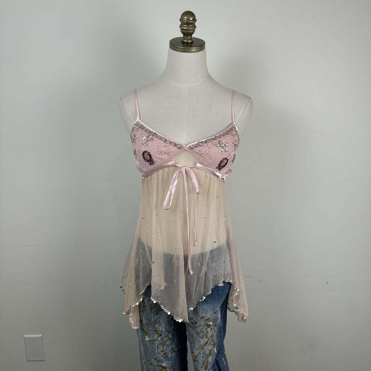 Vintage Baby Pink Peach Mesh Babydoll Cami with Beaded Bust – view 5