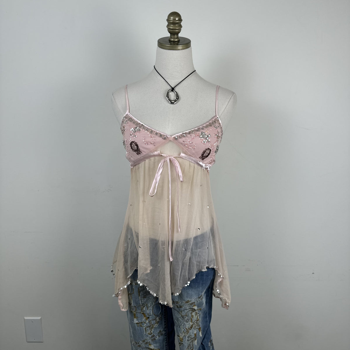 Vintage Baby Pink Peach Mesh Babydoll Cami with Beaded Bust – view 6