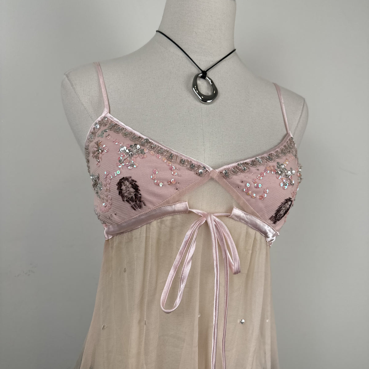 Vintage Baby Pink Peach Mesh Babydoll Cami with Beaded Bust – view 9