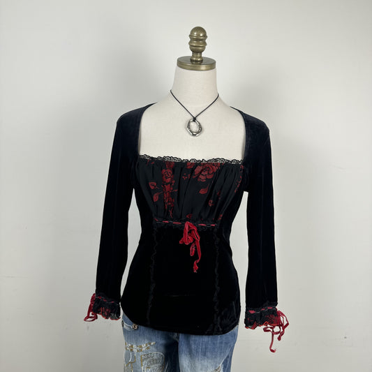 Vintage Black Velvet Milkmaid Corset Top with Red Floral and Lace Detail