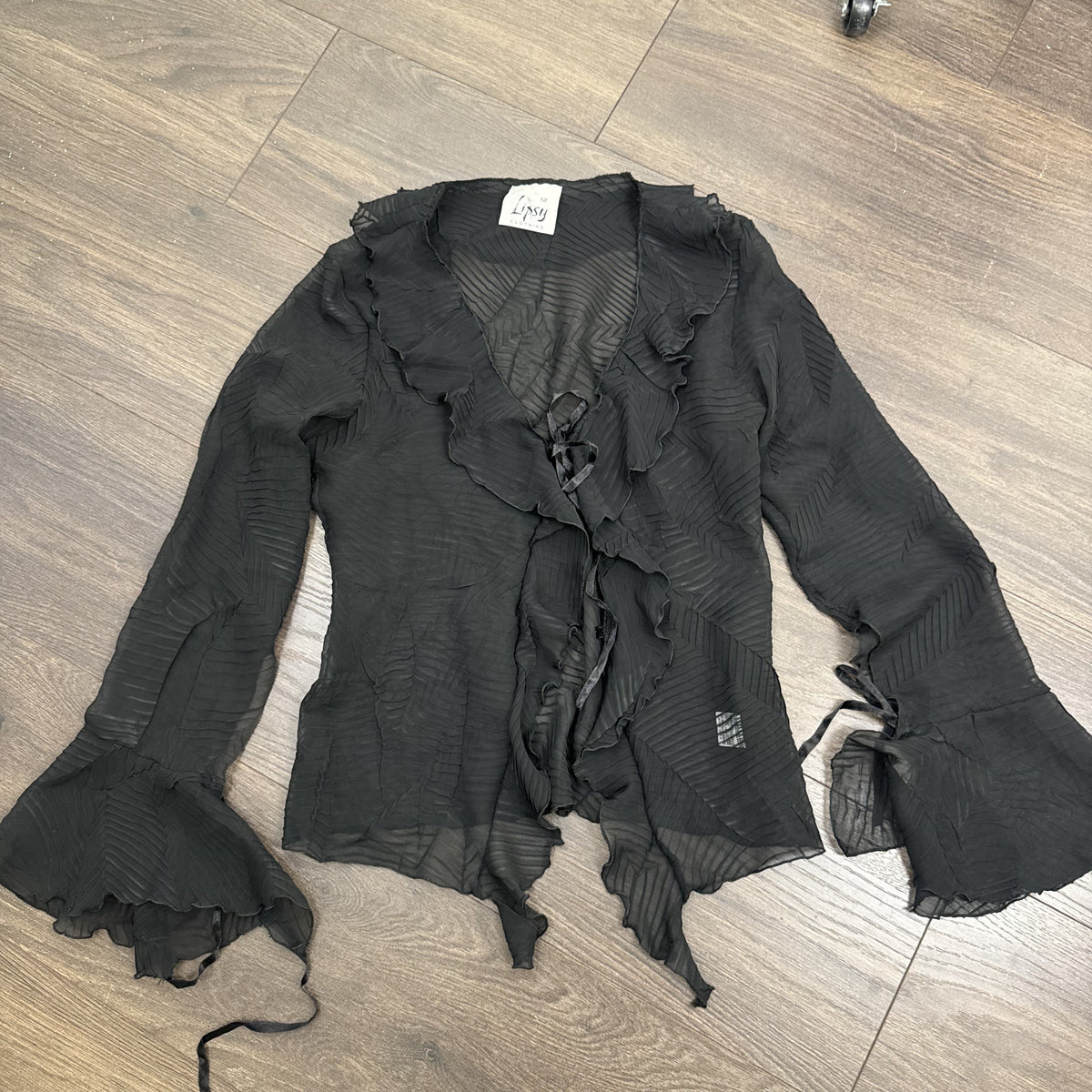 Vintage Lipsy Black Semi Sheer Ruffled Bell Sleeve Tie-Up Top – view 7