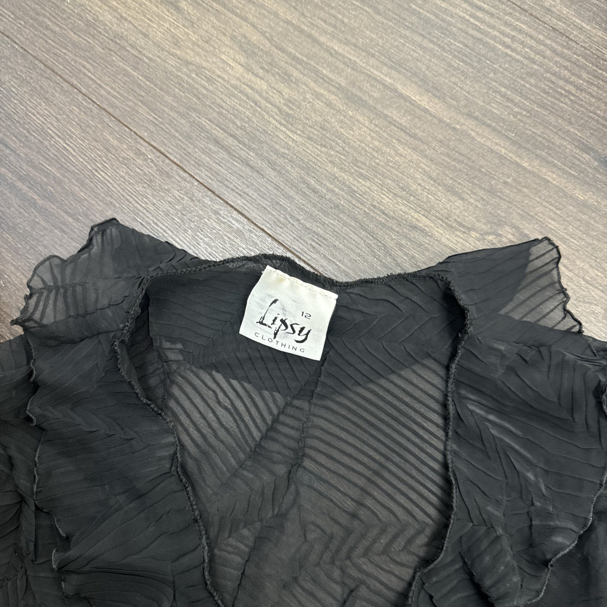 Vintage Lipsy Black Semi Sheer Ruffled Bell Sleeve Tie-Up Top – view 6