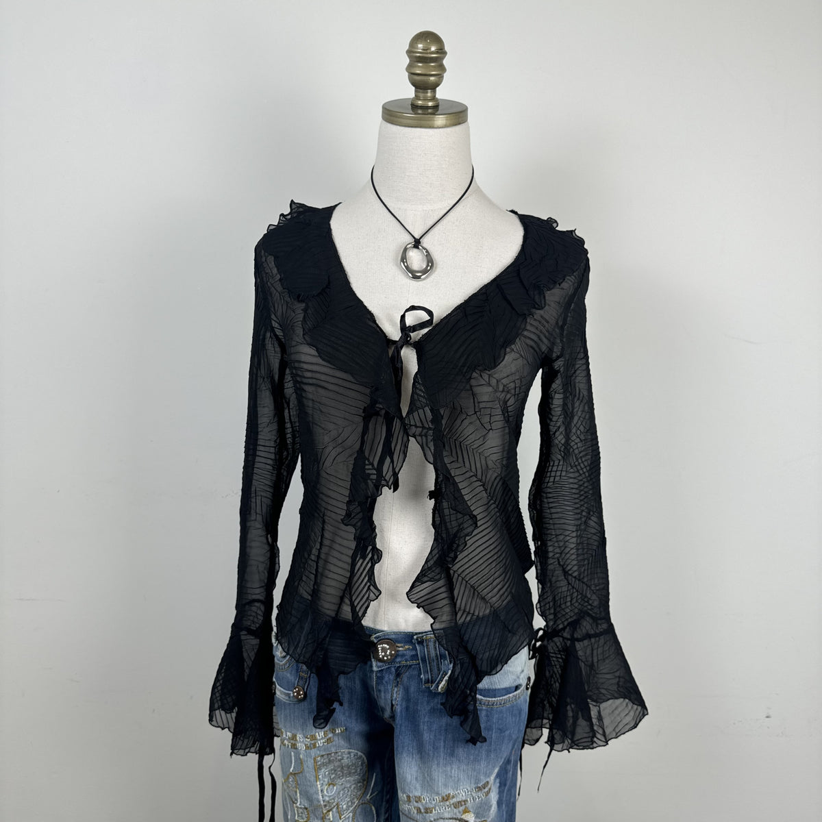 Vintage Lipsy Black Semi Sheer Ruffled Bell Sleeve Tie-Up Top