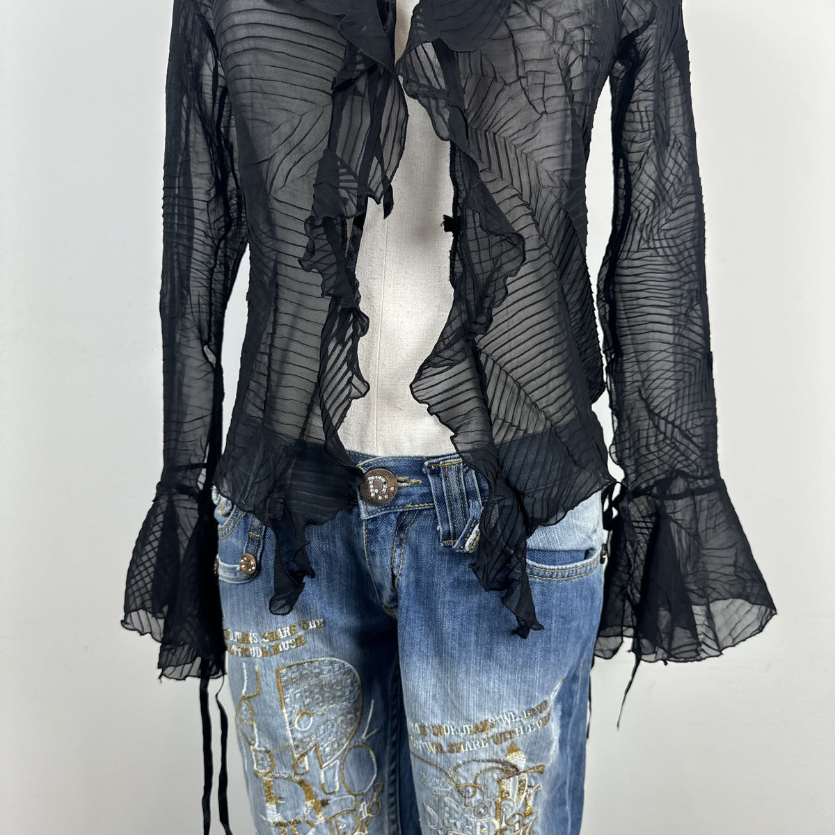 Vintage Lipsy Black Semi Sheer Ruffled Bell Sleeve Tie-Up Top – view 2