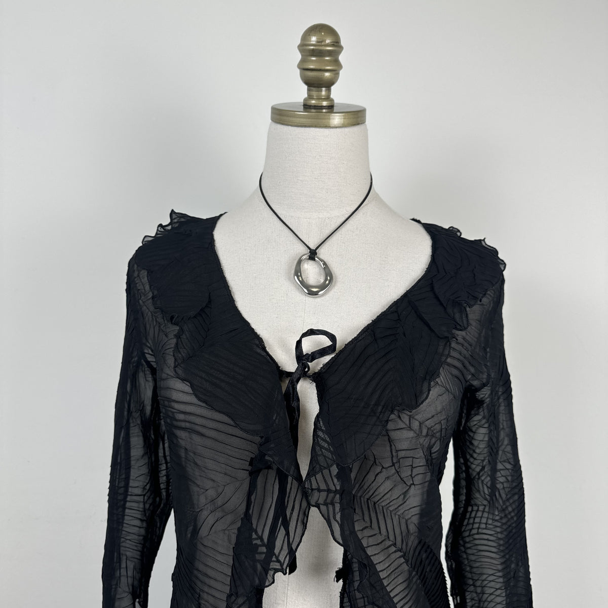 Vintage Lipsy Black Semi Sheer Ruffled Bell Sleeve Tie-Up Top – view 3