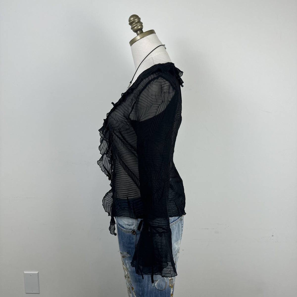 Vintage Lipsy Black Semi Sheer Ruffled Bell Sleeve Tie-Up Top – view 4