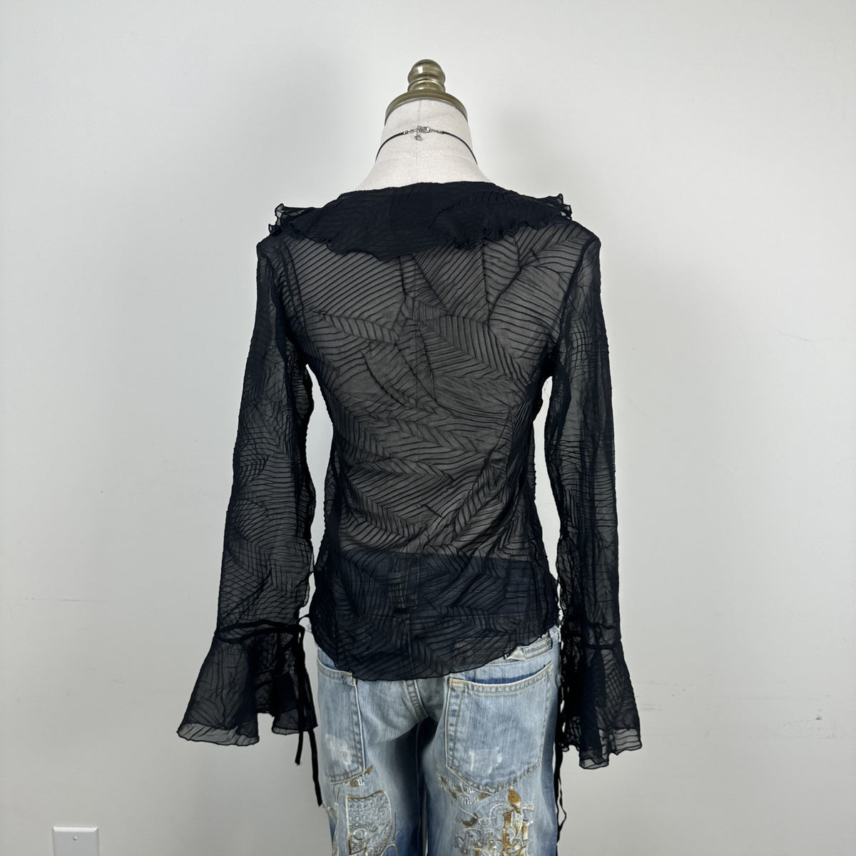 Vintage Lipsy Black Semi Sheer Ruffled Bell Sleeve Tie-Up Top – view 5
