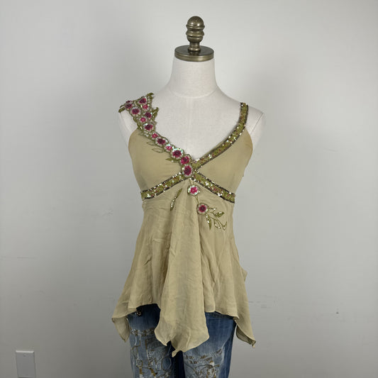 Y2K Karen Millen Green Chiffon Beaded Babydoll Cami