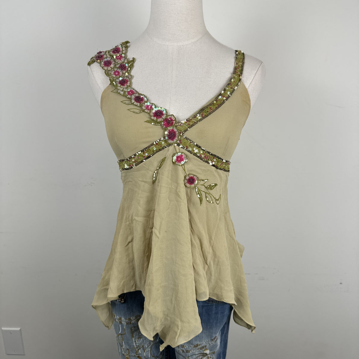 Y2K Karen Millen Green Chiffon Beaded Babydoll Cami – view 2