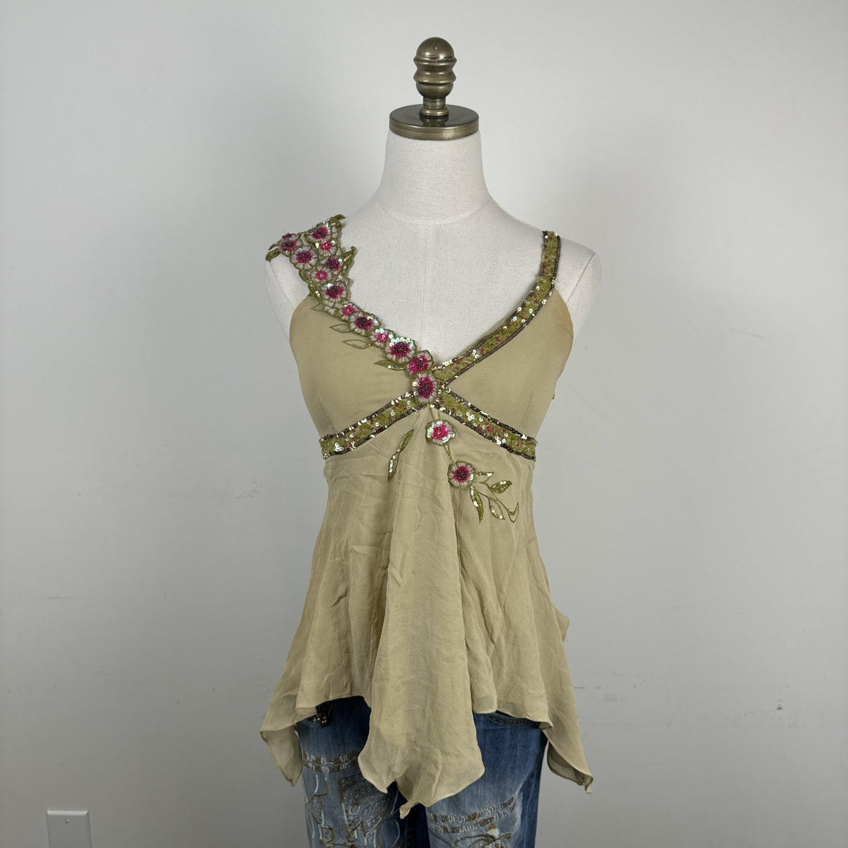 Y2K Karen Millen Green Chiffon Beaded Babydoll Cami – view 3