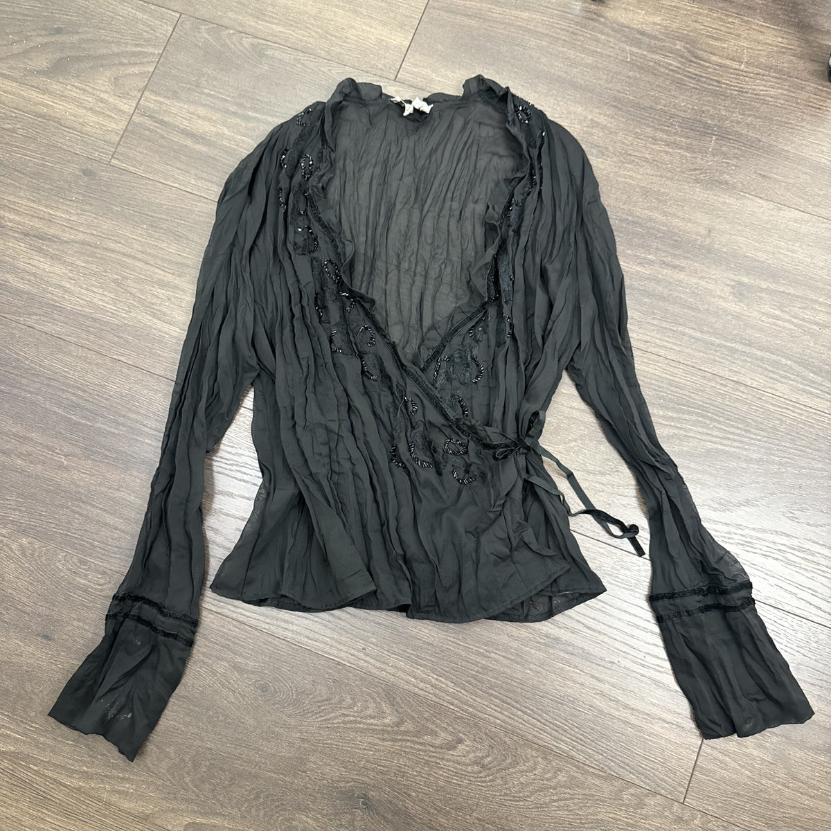 Vintage Gabriella Frattini Black Chiffon Bell Sleeve Wrap Top – view 6