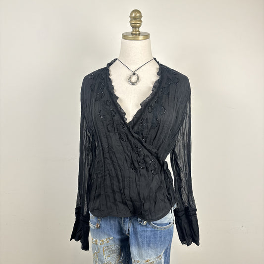 Vintage Gabriella Frattini Black Chiffon Bell Sleeve Wrap Top