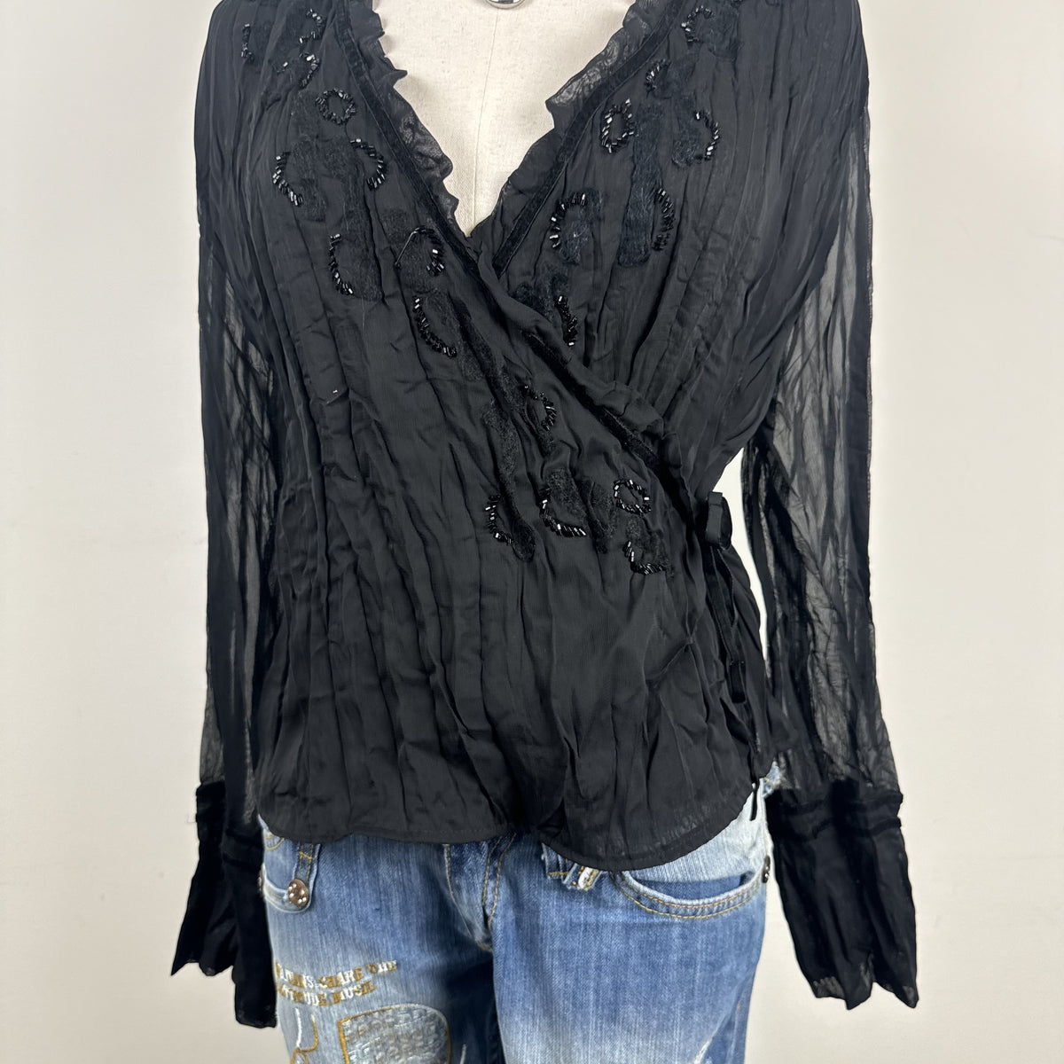 Vintage Gabriella Frattini Black Chiffon Bell Sleeve Wrap Top – view 2