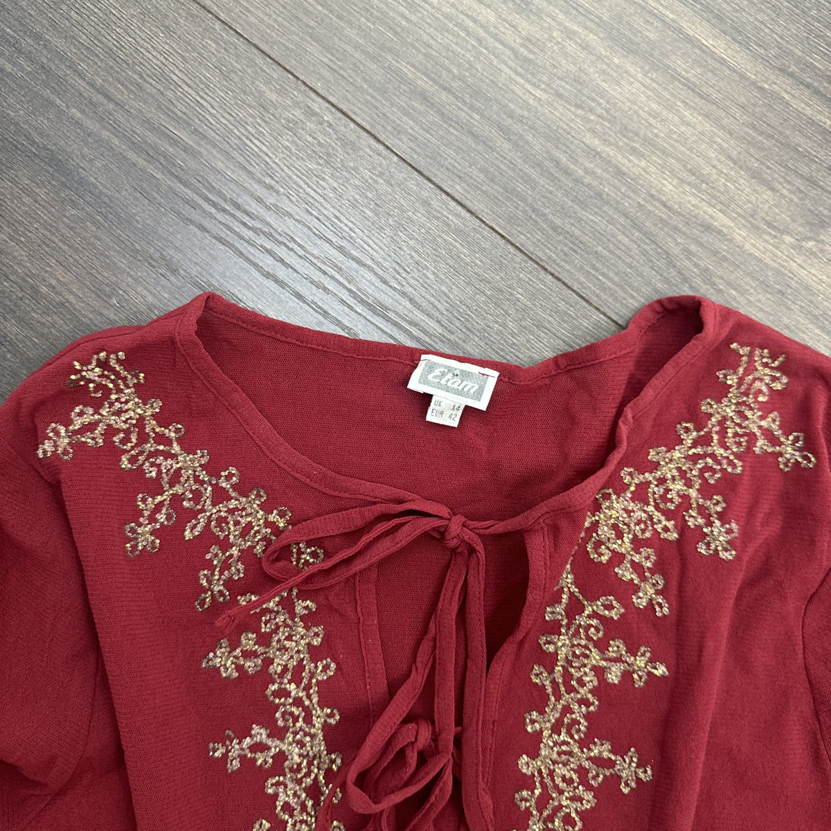Vintage Etam Dark Red Mesh Bell Sleeve Top with Beaded Asian Design – view 6